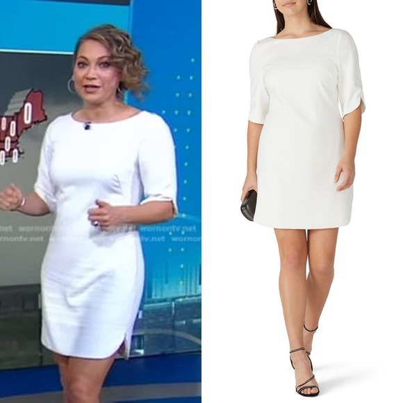 BLACK HALO Ivory Stretch Viscose Blend Short Sleeve Boatneck Sheath Dress 12 - Picture 1 of 11